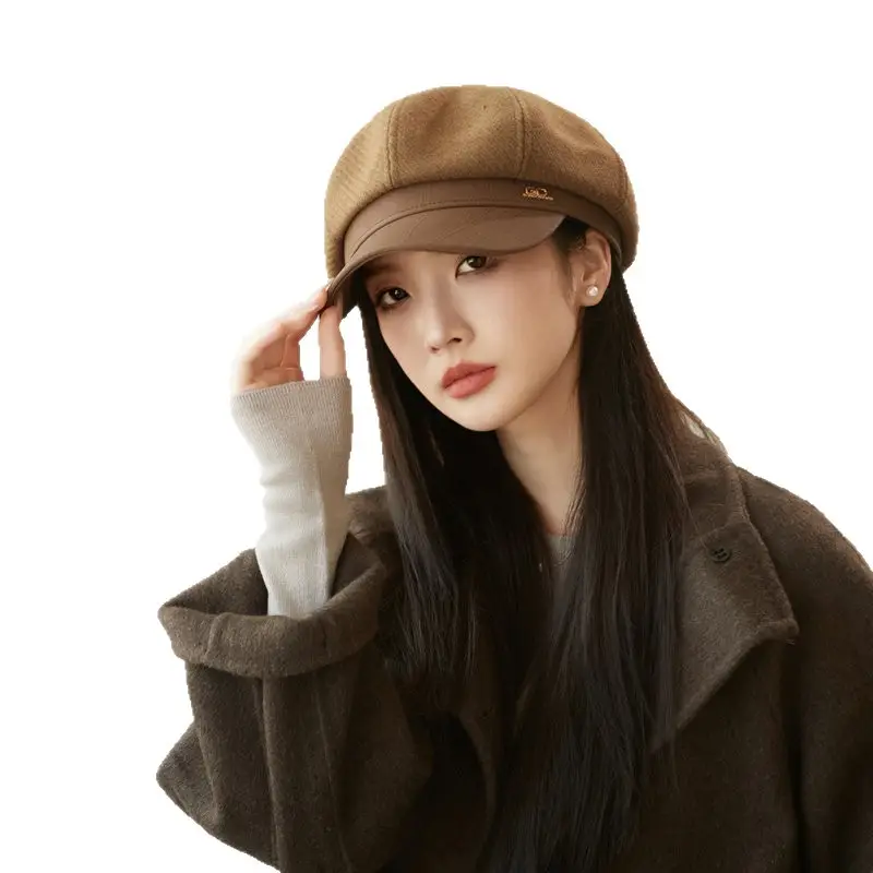 Women's White Leather Spliced Beret Hat Autumn Winter