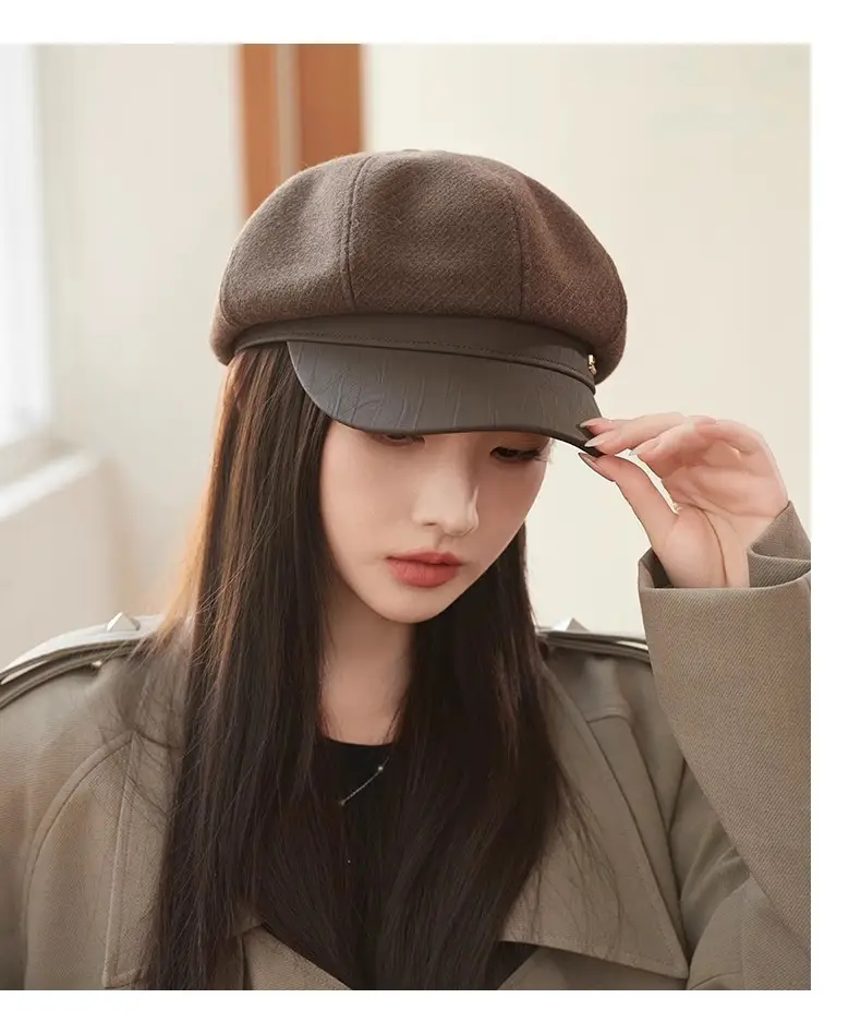 Women's White Leather Spliced Beret Hat Autumn Winter — feature 11