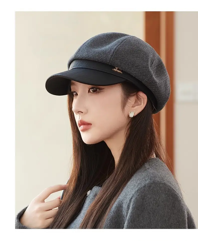 Women's White Leather Spliced Beret Hat Autumn Winter — feature 12