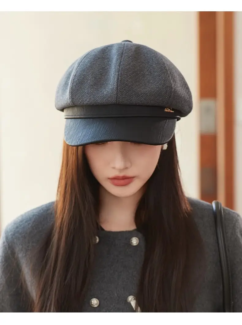 Women's White Leather Spliced Beret Hat Autumn Winter — feature 13