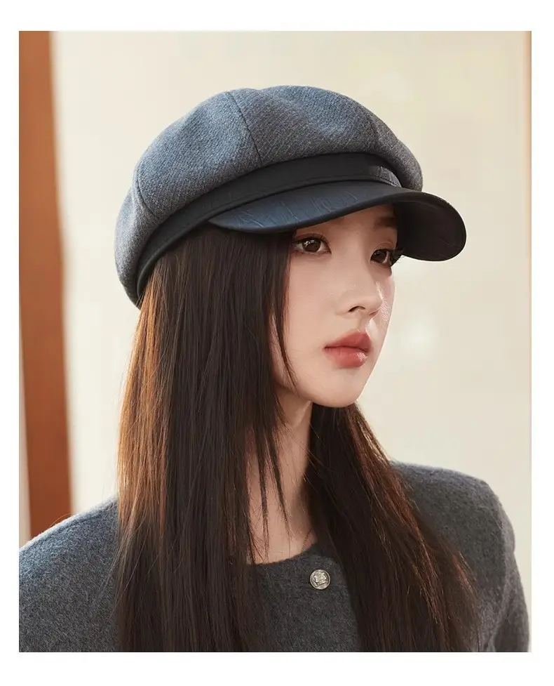 Women's White Leather Spliced Beret Hat Autumn Winter — feature 14