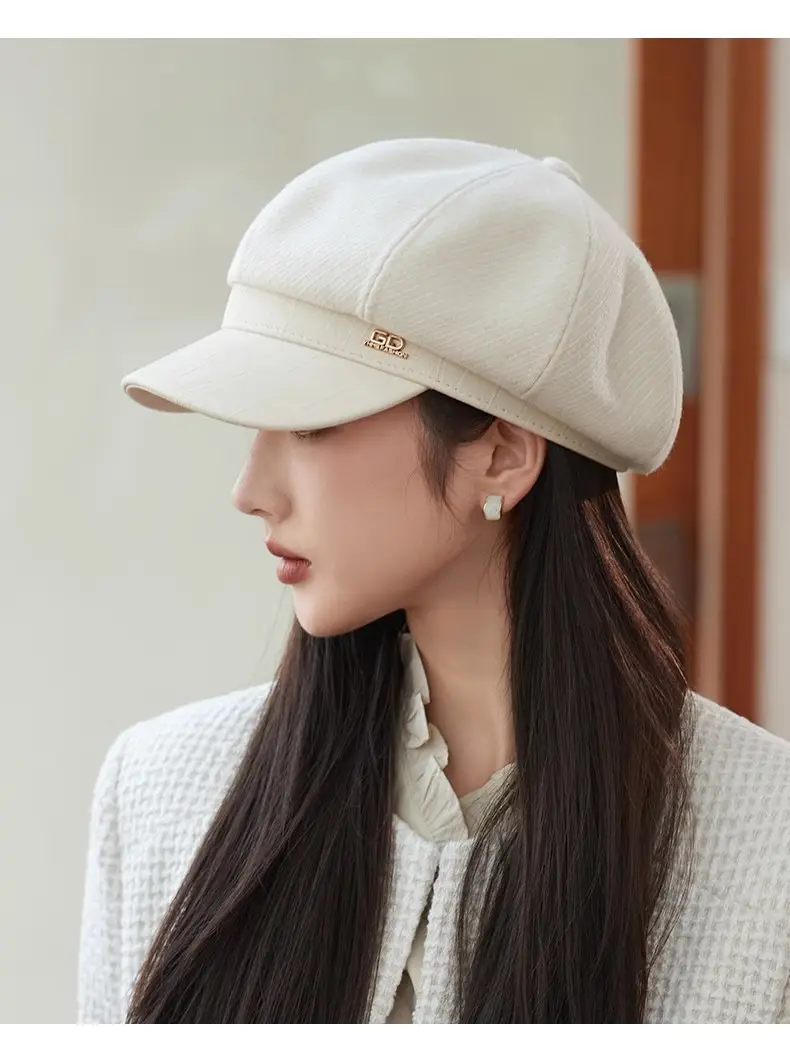 Women's White Leather Spliced Beret Hat Autumn Winter — feature 15