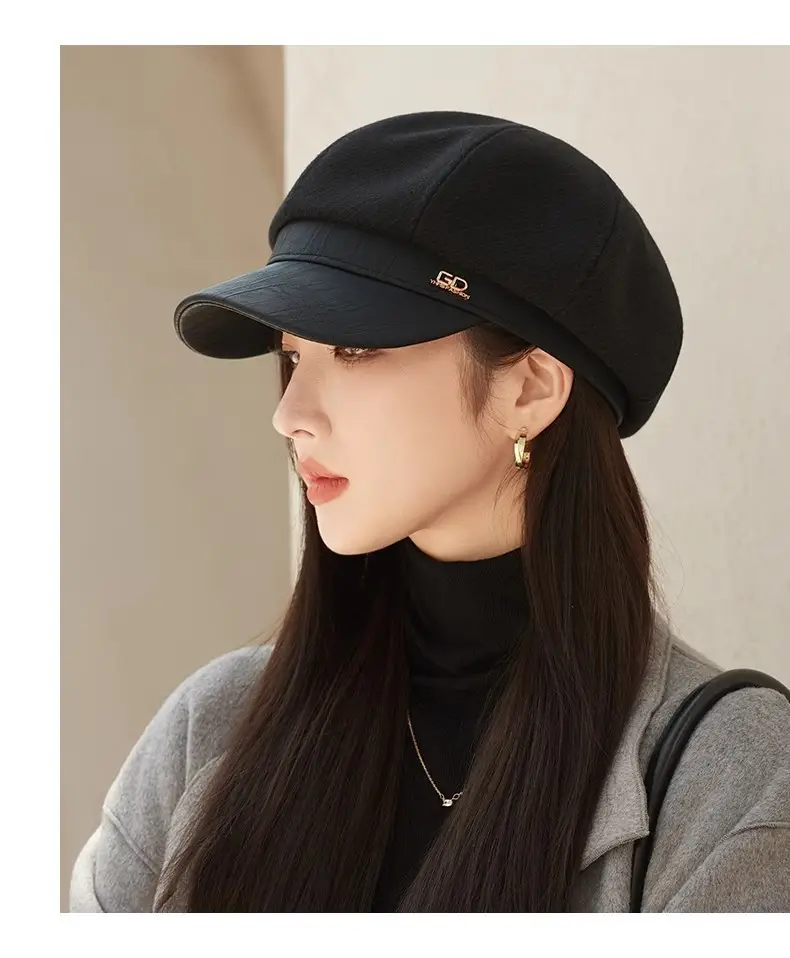 Women's White Leather Spliced Beret Hat Autumn Winter — feature 17