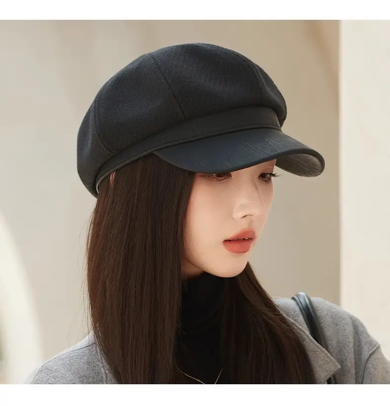 Women's White Leather Spliced Beret Hat Autumn Winter — feature 18