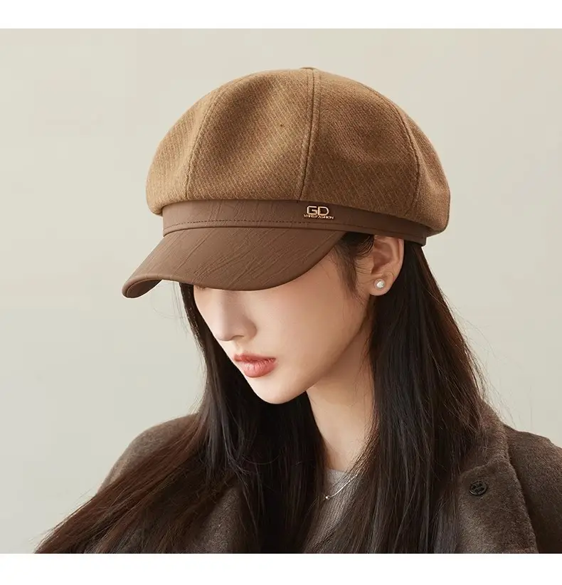 Women's White Leather Spliced Beret Hat Autumn Winter — feature 19