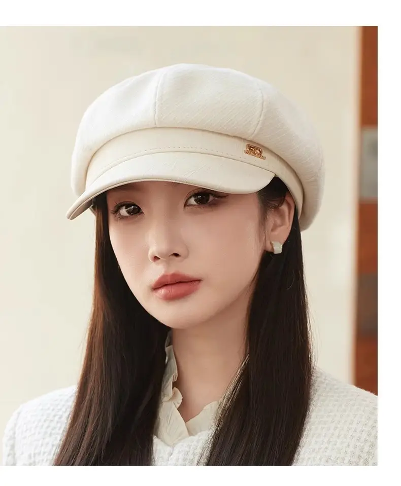 Women's White Leather Spliced Beret Hat Autumn Winter — feature 4