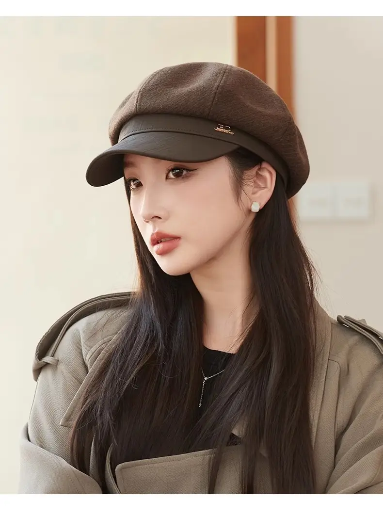 Women's White Leather Spliced Beret Hat Autumn Winter — feature 8
