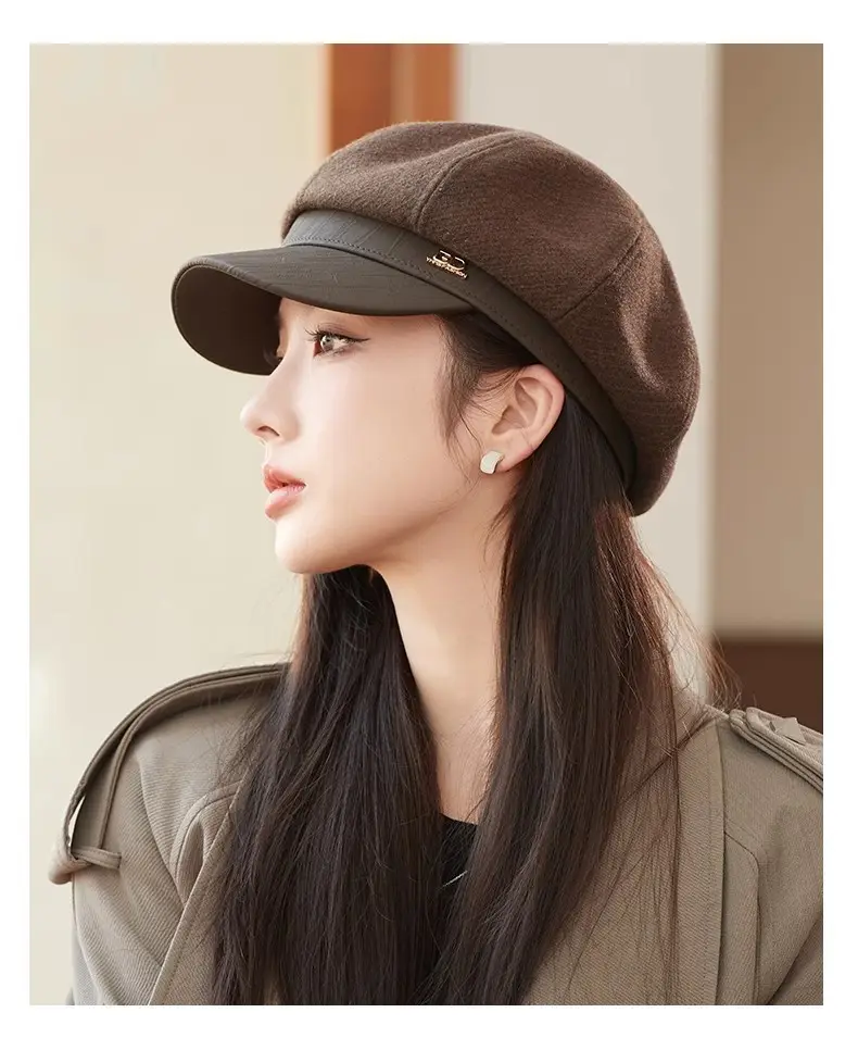 Women's White Leather Spliced Beret Hat Autumn Winter — feature 9