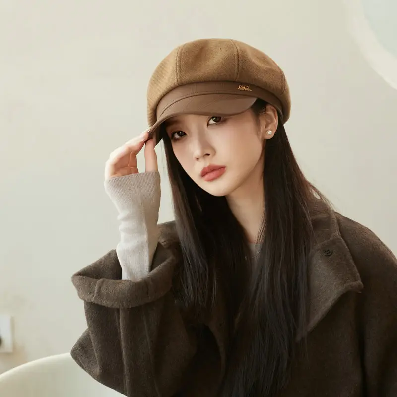 Women's White Leather Spliced Beret Hat Autumn Winter