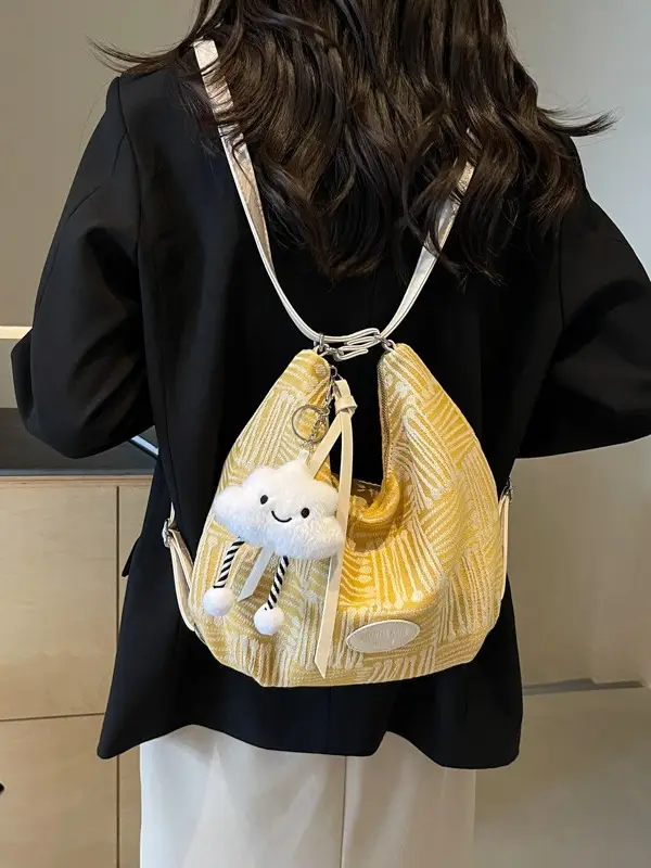 Women's Large Canvas Shoulder Bag with Flower Decor
