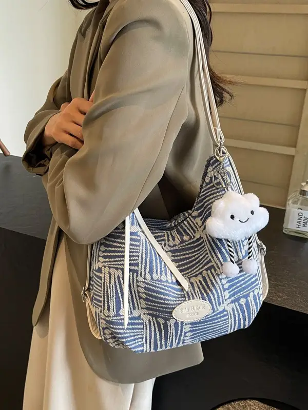 Women's Large Canvas Shoulder Bag with Flower Decor