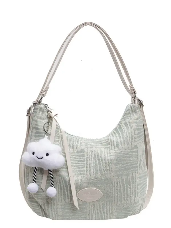 Women's Large Canvas Shoulder Bag with Flower Decor