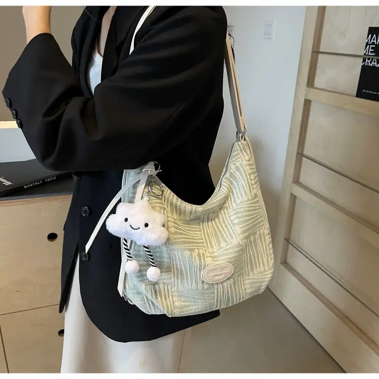 Women's Large Canvas Shoulder Bag with Flower Decor — feature 11