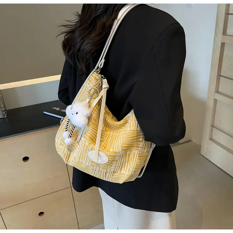 Women's Large Canvas Shoulder Bag with Flower Decor — feature 13