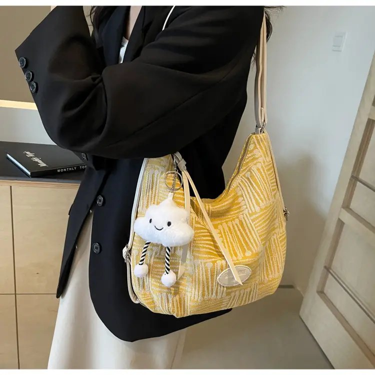 Women's Large Canvas Shoulder Bag with Flower Decor — feature 14
