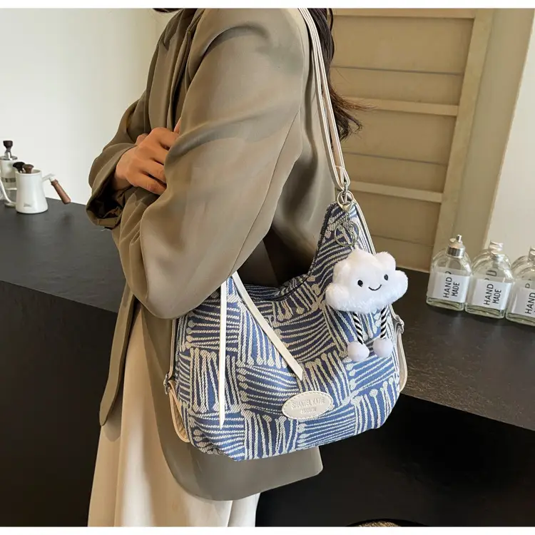 Women's Large Canvas Shoulder Bag with Flower Decor — feature 17