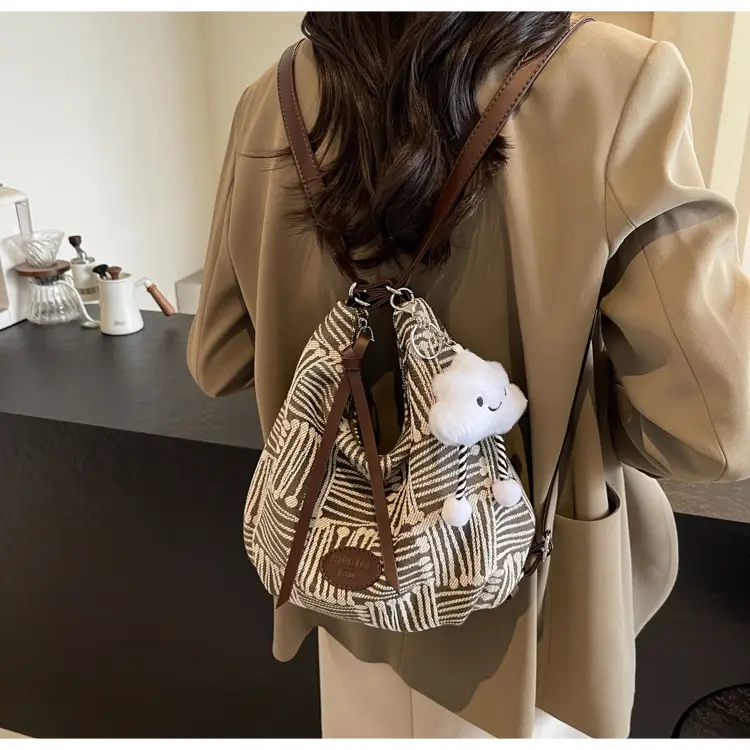 Women's Large Canvas Shoulder Bag with Flower Decor — feature 18