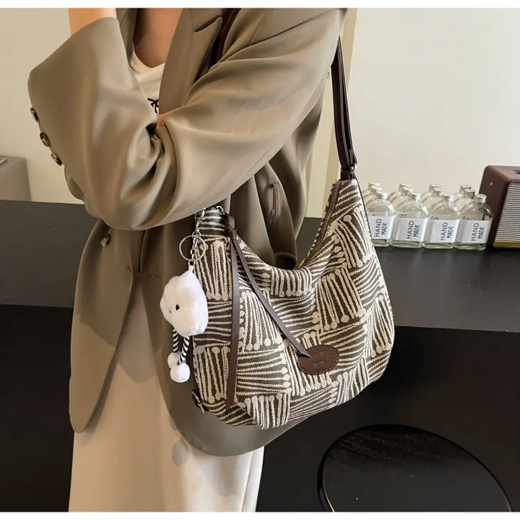Women's Large Canvas Shoulder Bag with Flower Decor — feature 20