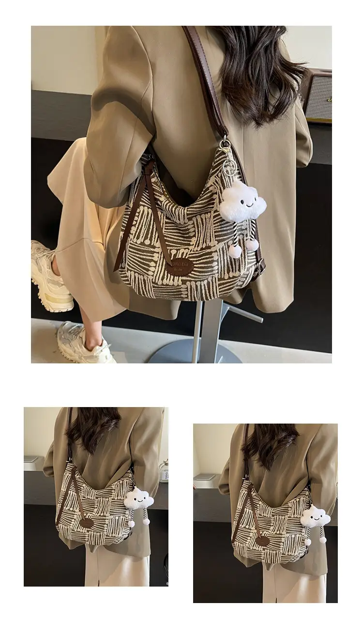 Women's Large Canvas Shoulder Bag with Flower Decor — feature 22