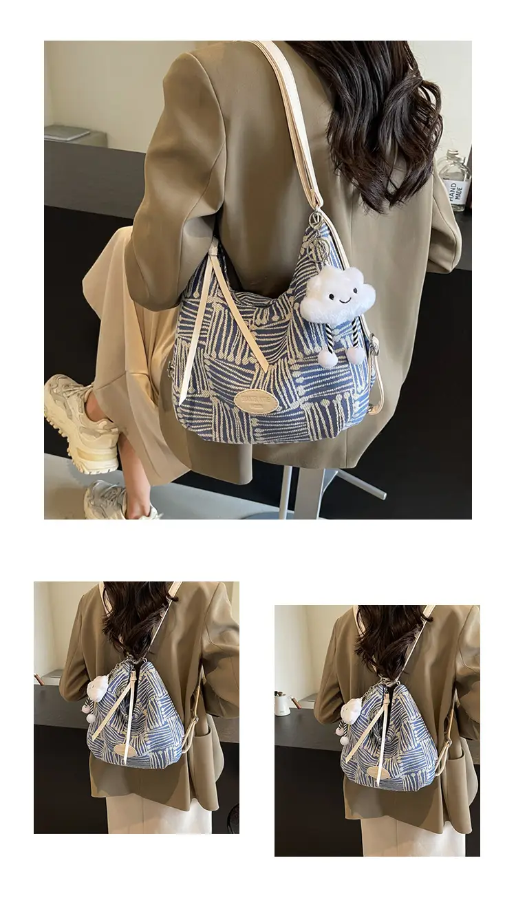 Women's Large Canvas Shoulder Bag with Flower Decor — feature 23