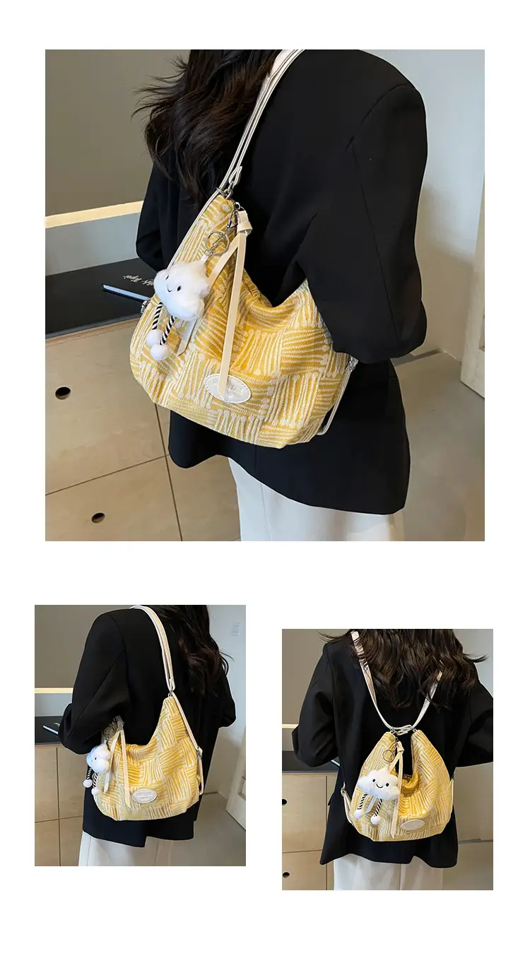 Women's Large Canvas Shoulder Bag with Flower Decor — feature 24
