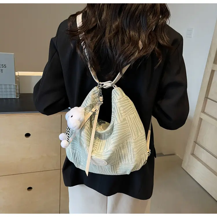 Women's Large Canvas Shoulder Bag with Flower Decor — feature 9