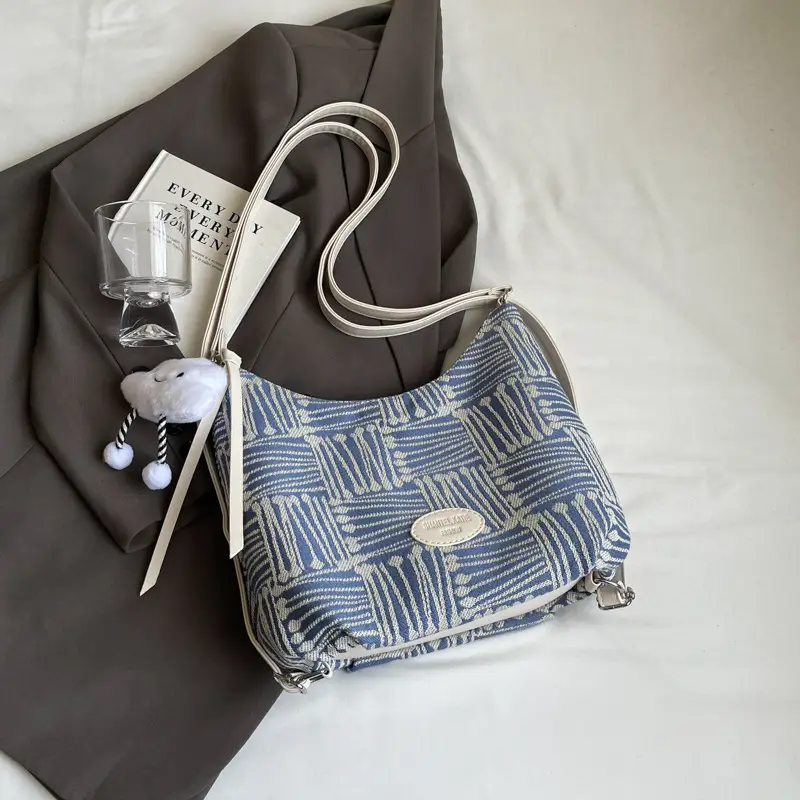 Women's Large Canvas Shoulder Bag with Flower Decor