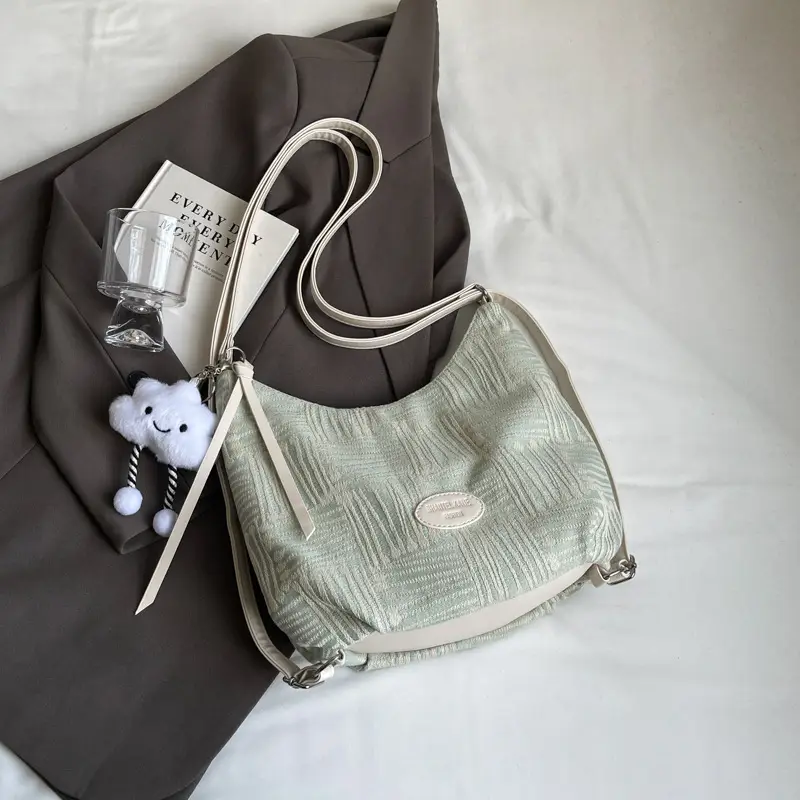 Women's Large Canvas Shoulder Bag with Flower Decor
