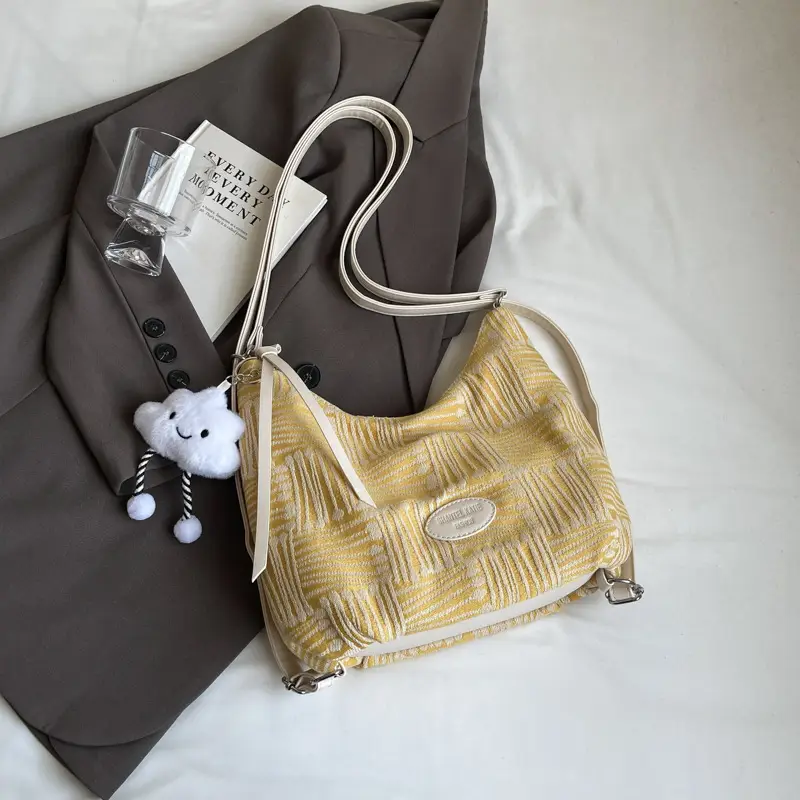 Women's Large Canvas Shoulder Bag with Flower Decor