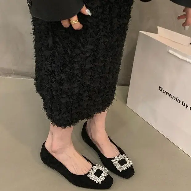 Flat silver High-end Square Head Rhinestone Shoes Women's 2025 New Spring Black Commuter Square Buckle Bean Shoes
