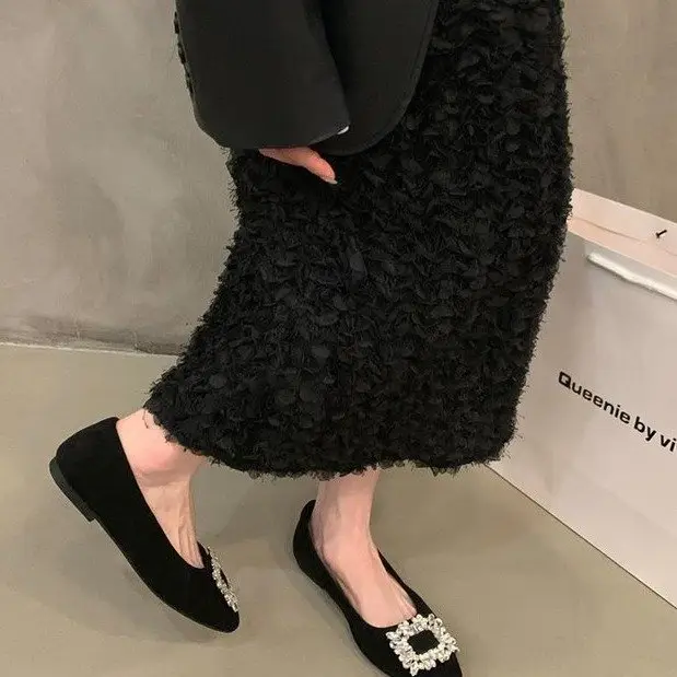 Flat silver High-end Square Head Rhinestone Shoes Women's 2025 New Spring Black Commuter Square Buckle Bean Shoes