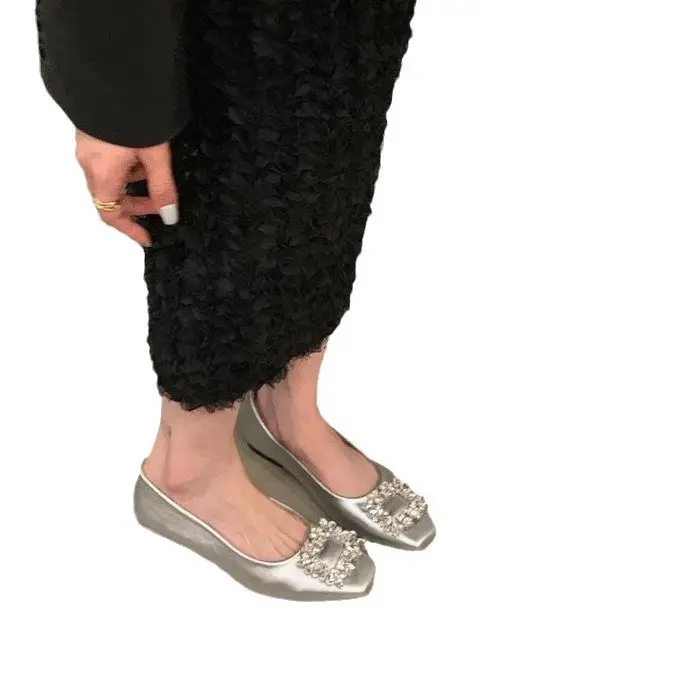 Flat silver High-end Square Head Rhinestone Shoes Women's 2025 New Spring Black Commuter Square Buckle Bean Shoes