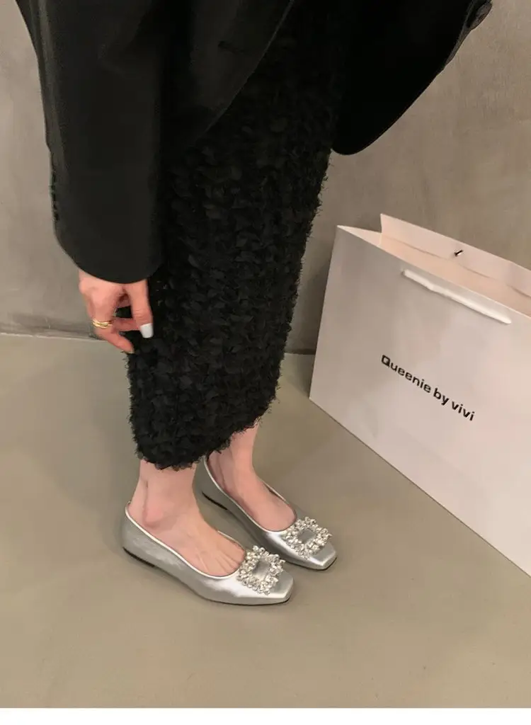 Flat silver High-end Square Head Rhinestone Shoes Women's 2025 New Spring Black Commuter Square Buckle Bean Shoes — feature 10