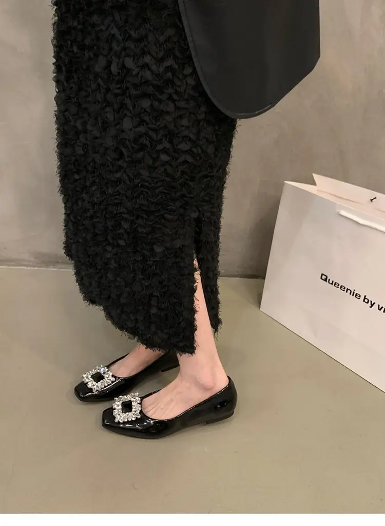 Flat silver High-end Square Head Rhinestone Shoes Women's 2025 New Spring Black Commuter Square Buckle Bean Shoes — feature 11