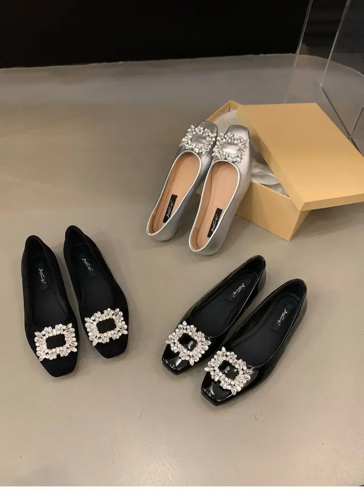 Flat silver High-end Square Head Rhinestone Shoes Women's 2025 New Spring Black Commuter Square Buckle Bean Shoes — feature 13