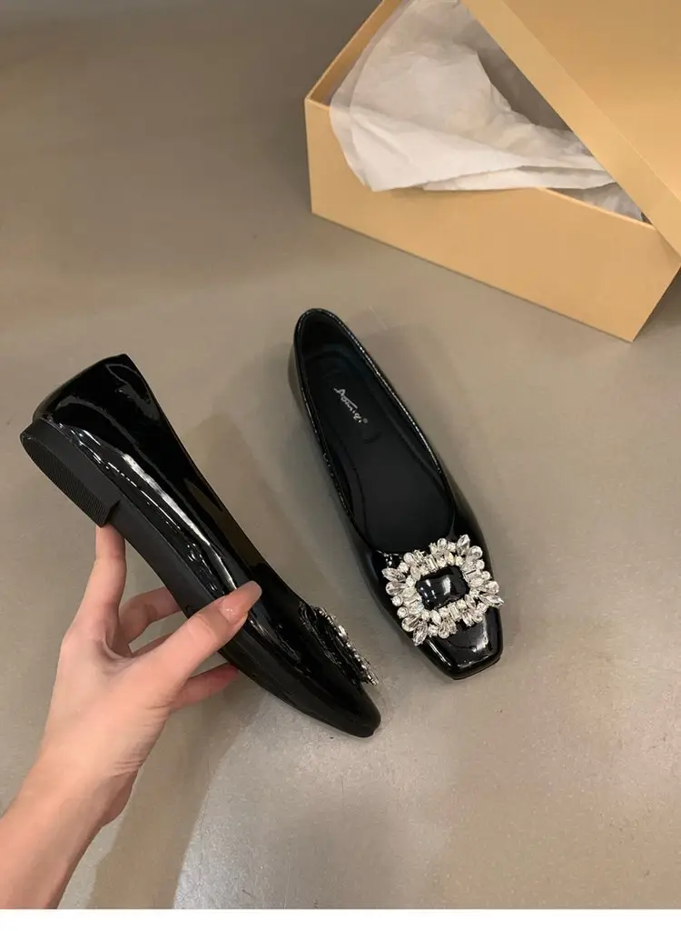 Flat silver High-end Square Head Rhinestone Shoes Women's 2025 New Spring Black Commuter Square Buckle Bean Shoes — feature 14