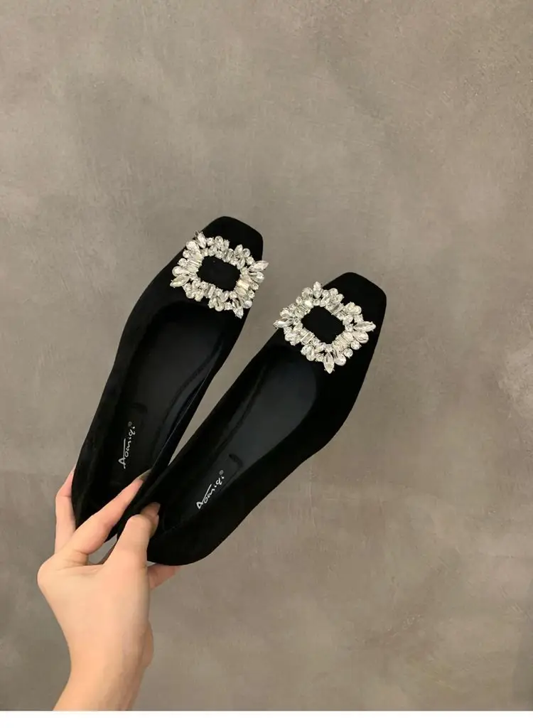 Flat silver High-end Square Head Rhinestone Shoes Women's 2025 New Spring Black Commuter Square Buckle Bean Shoes — feature 15