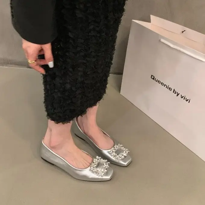 Flat silver High-end Square Head Rhinestone Shoes Women's 2025 New Spring Black Commuter Square Buckle Bean Shoes — feature 3