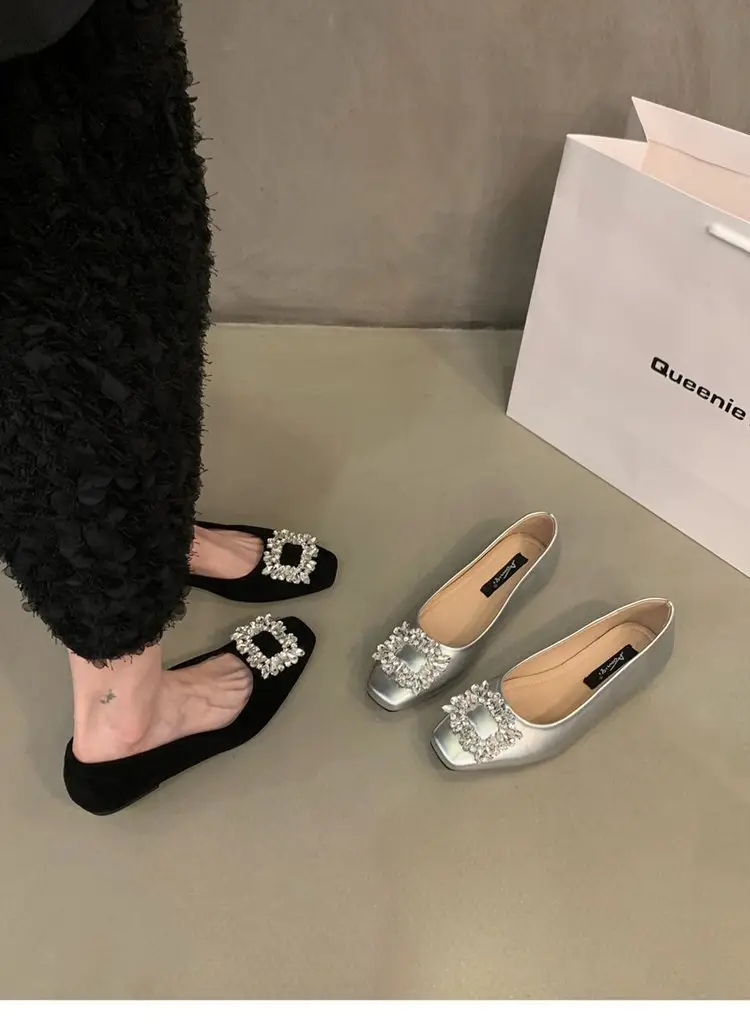 Flat silver High-end Square Head Rhinestone Shoes Women's 2025 New Spring Black Commuter Square Buckle Bean Shoes — feature 4