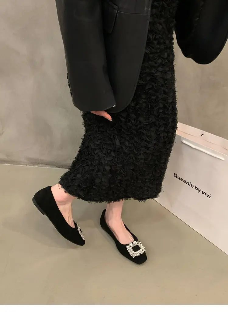 Flat silver High-end Square Head Rhinestone Shoes Women's 2025 New Spring Black Commuter Square Buckle Bean Shoes — feature 5