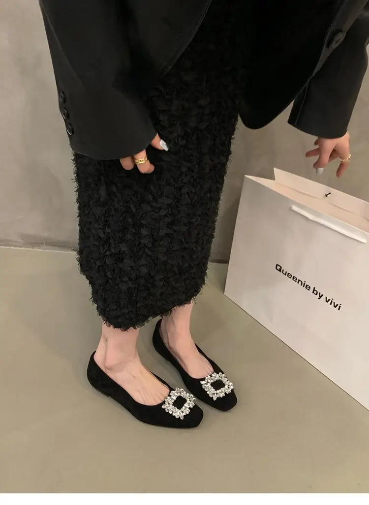 Flat silver High-end Square Head Rhinestone Shoes Women's 2025 New Spring Black Commuter Square Buckle Bean Shoes — feature 6