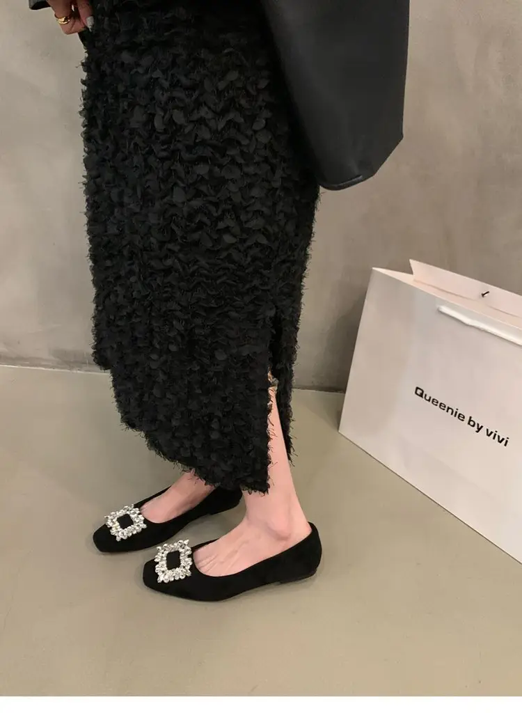 Flat silver High-end Square Head Rhinestone Shoes Women's 2025 New Spring Black Commuter Square Buckle Bean Shoes — feature 7