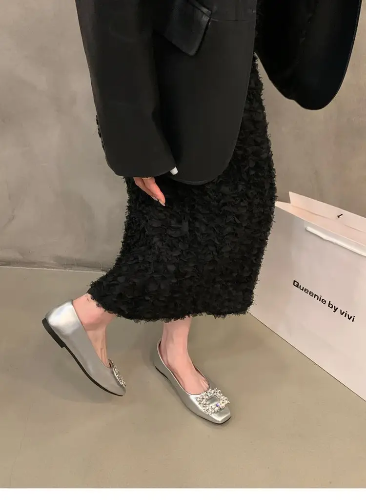 Flat silver High-end Square Head Rhinestone Shoes Women's 2025 New Spring Black Commuter Square Buckle Bean Shoes — feature 8