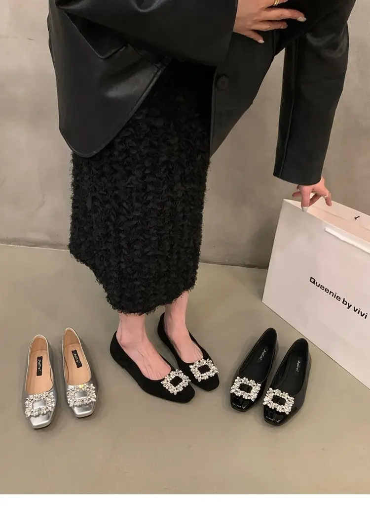 Flat silver High-end Square Head Rhinestone Shoes Women's 2025 New Spring Black Commuter Square Buckle Bean Shoes — feature 9