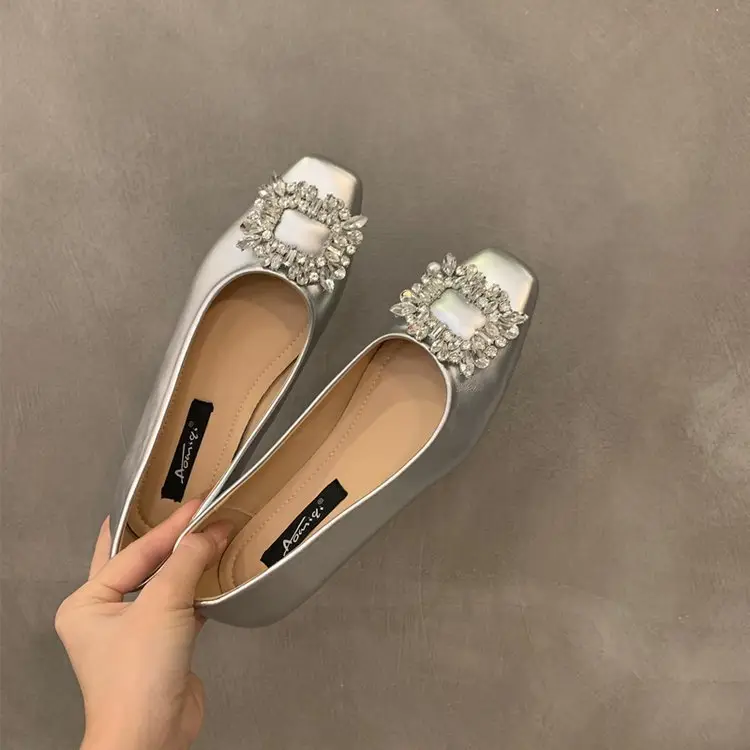 Flat silver High-end Square Head Rhinestone Shoes Women's 2025 New Spring Black Commuter Square Buckle Bean Shoes