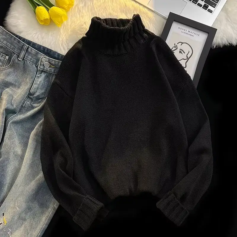 Men's Black Turtleneck Knitted Sweater Autumn Winter Loose Fit — feature 21