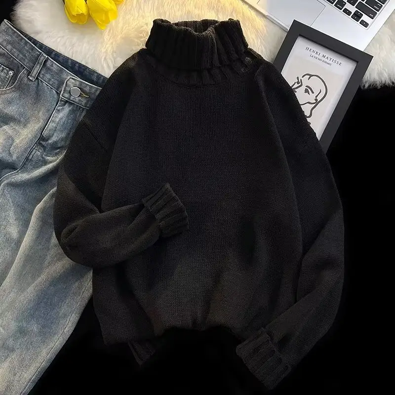 Men's Black Turtleneck Knitted Sweater Autumn Winter Loose Fit — feature 22