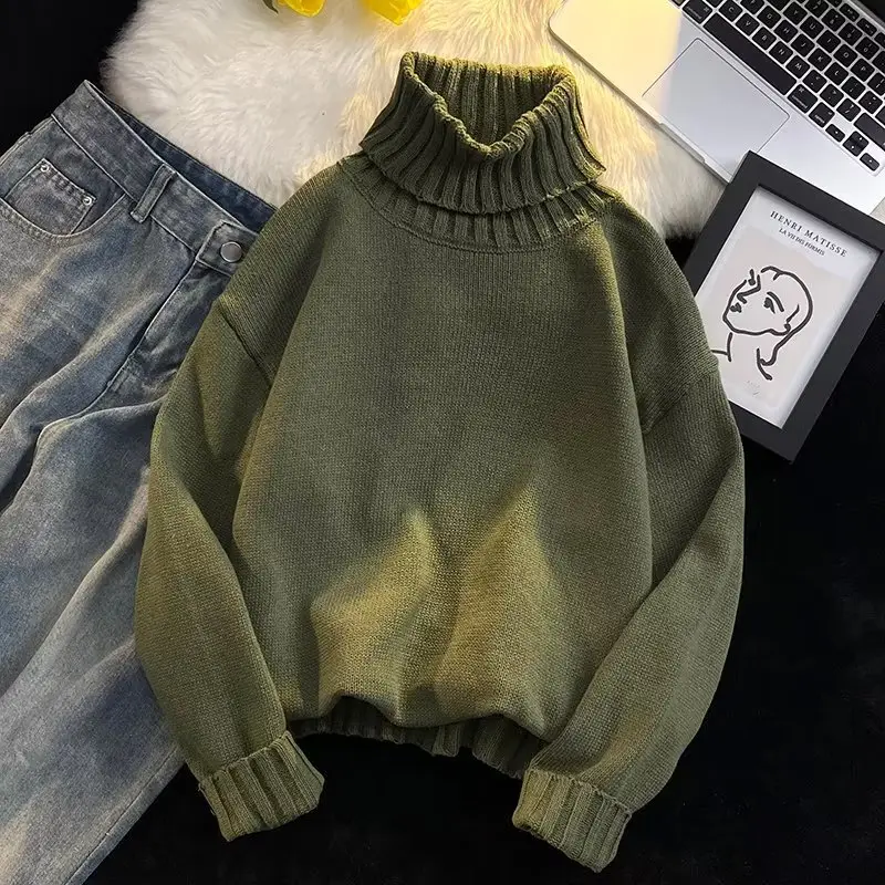 Men's Black Turtleneck Knitted Sweater Autumn Winter Loose Fit — feature 27