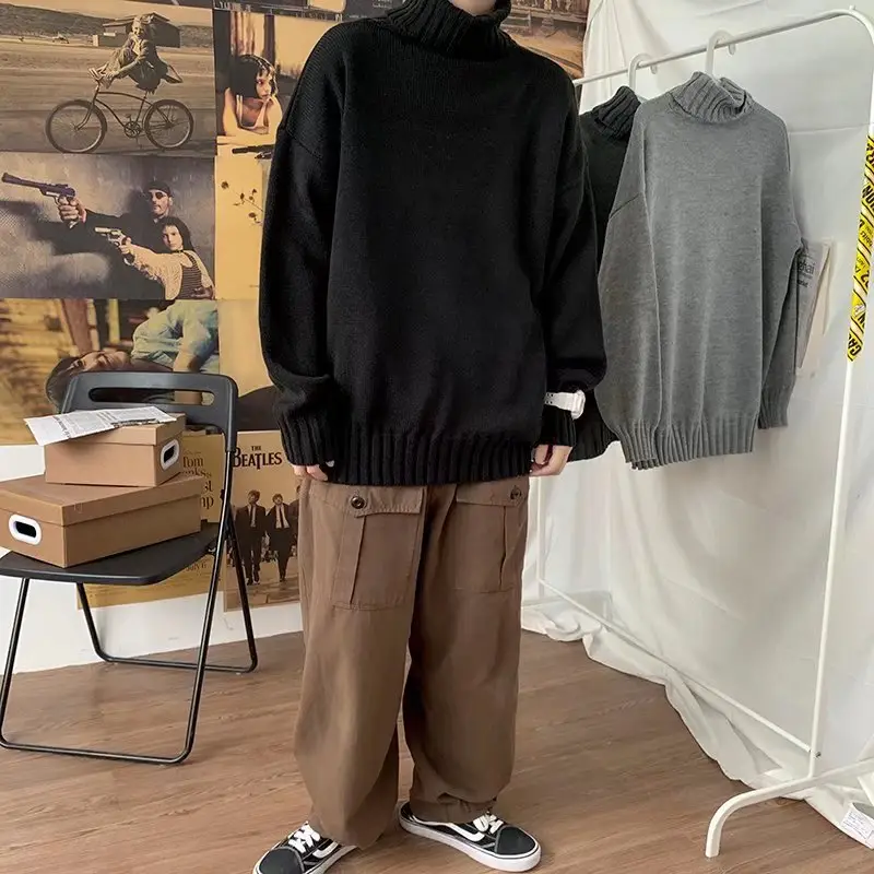 Men's Black Turtleneck Knitted Sweater Autumn Winter Loose Fit — feature 3