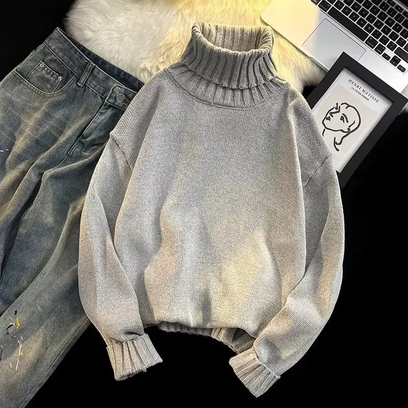 Men's Black Turtleneck Knitted Sweater Autumn Winter Loose Fit — feature 31